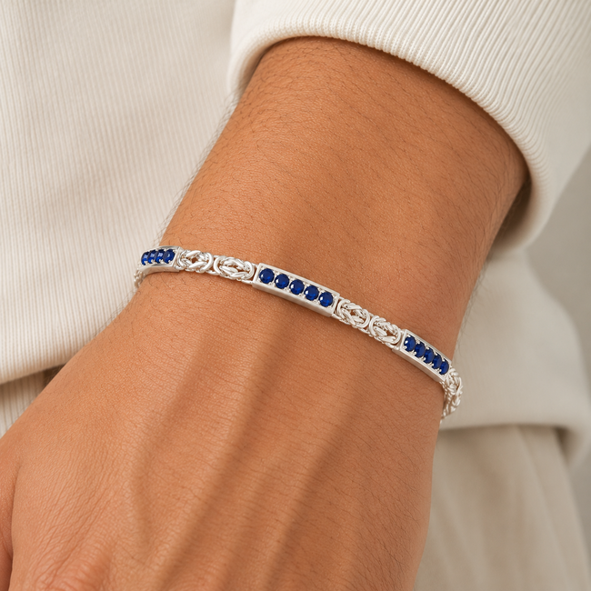 925 Zilveren Byzantijnse Armband met Blauwe Zirkonia Stenen