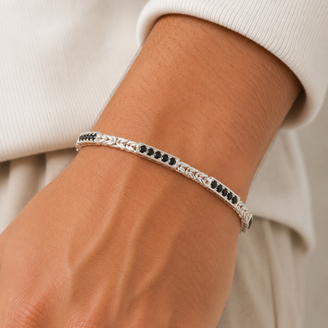 925 Zilveren Byzantijnse Armband met Zwarte Zirkonia Stenen