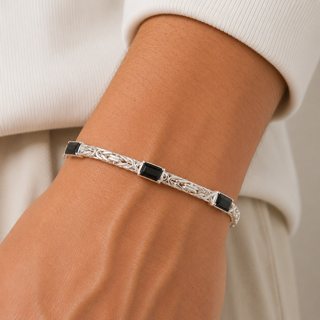 925 Zilveren Byzantijnse Armband met Zwarte Rechthoekige Zirkonia