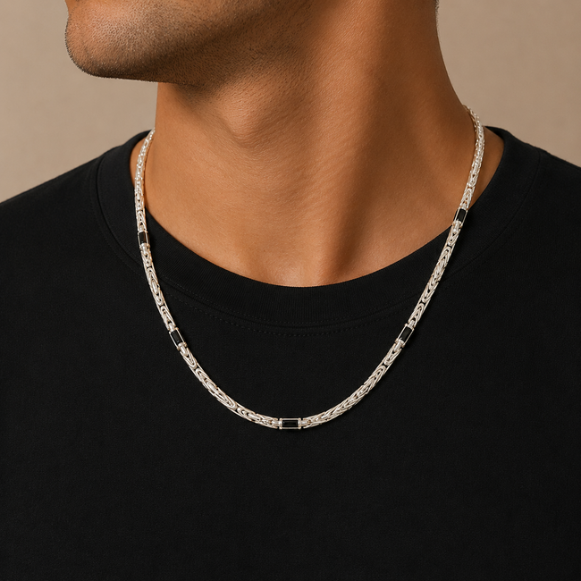 925 Zilveren Byzantijnse Ketting met Zwarte Rechthoekige Zirkonia