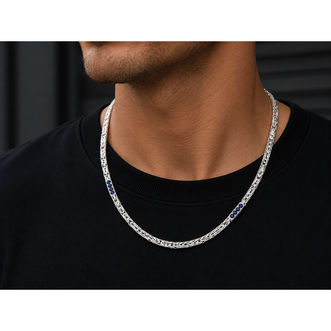 925 Zilveren Byzantijnse Ketting 60 cm met Blauwe Zirkonia