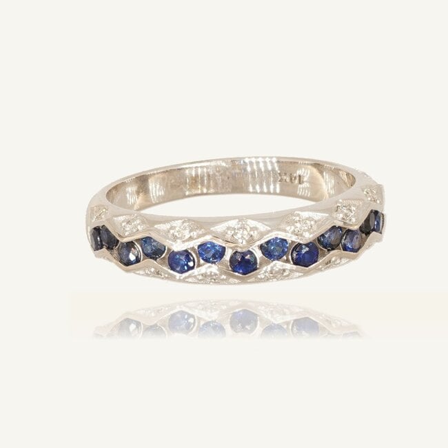 Elegante 14 Karaat Witgouden Ring met Blauwe Saffieren en 0.20 Karaat Diamanten