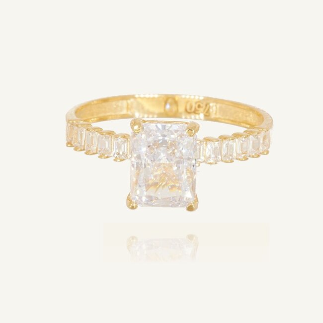 Luxe 18 Karaat Geelgouden Solitaire Ring met Rechthoekige Zirkonia en Baguette Zirkonia Band