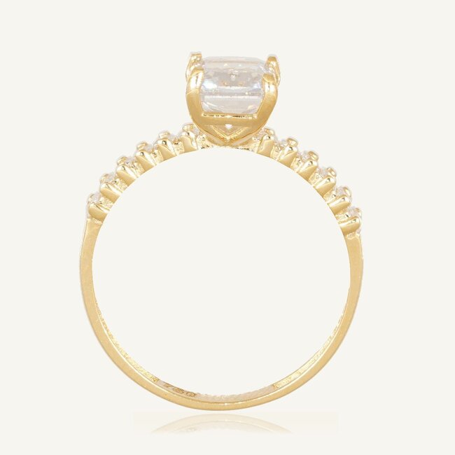 Luxe 18 Karaat Geelgouden Solitaire Ring met Rechthoekige Zirkonia en Baguette Zirkonia Band
