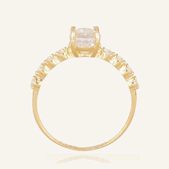 Luxe 18 Karaat Geelgouden Solitaire Ring met Ovale Zirkonia en Pavé Zirkonia Band