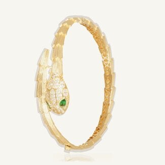 Geelgouden Slangen Bangle met Groene Stenen