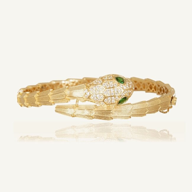 Luxe 14 Karaat Geelgouden Slangen Bangle Armband met Groene Stenen en Zirkonia