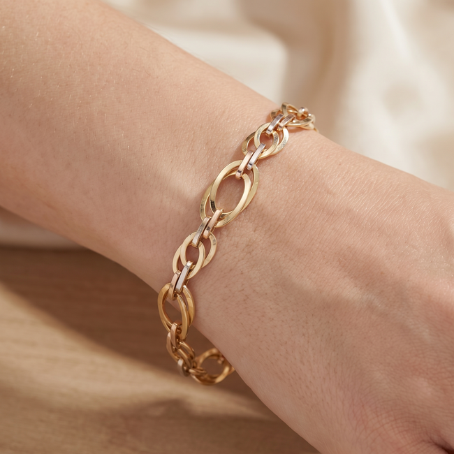14k driekleurige armband brede ovale schakels