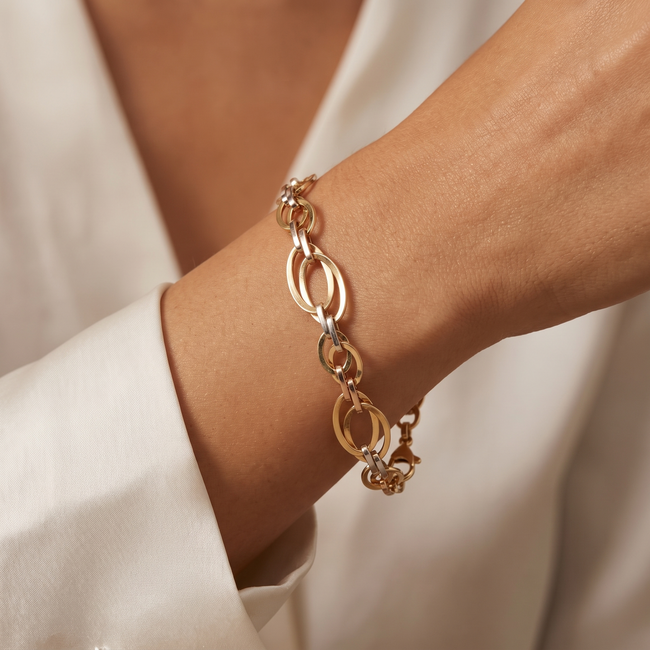 14k driekleurige armband brede ovale schakels
