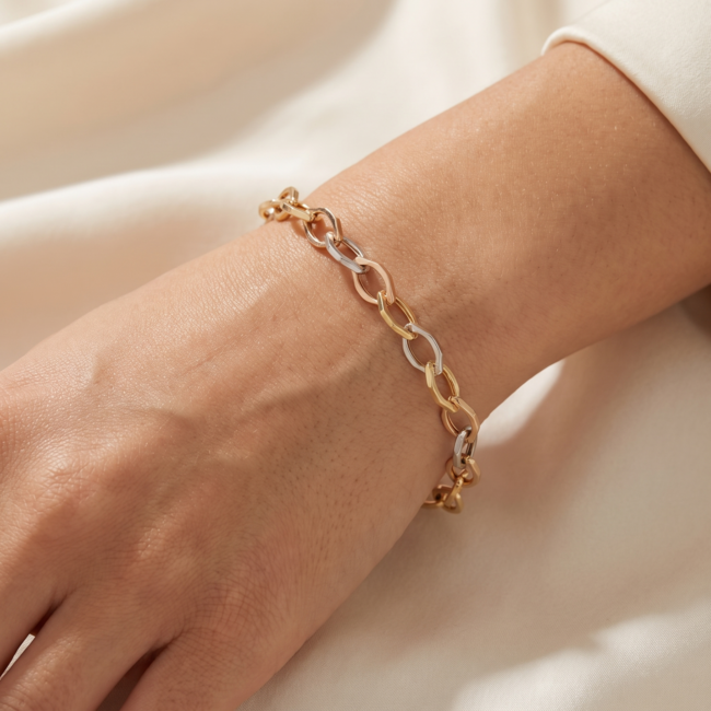14k driekleurige gouden schakelarmband 19,5 cm