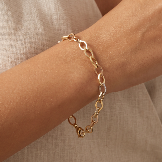 14k driekleurige gouden schakelarmband 19,5 cm