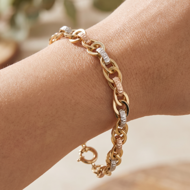 14 Karaat Driekleurige Gouden Schakelarmband