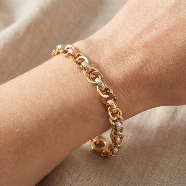 14 Karaat Driekleurige Gouden Schakelarmband
