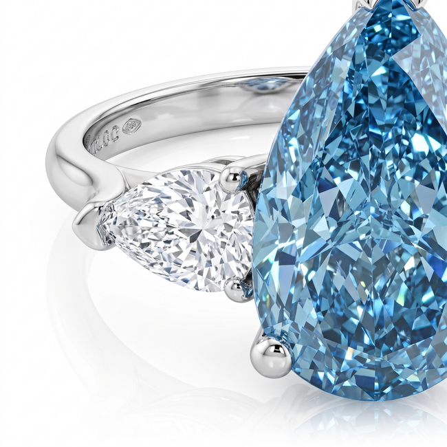 Blauwe Peervorm Labdiamant Ring 3.02 ct VS1 met Zijstenen