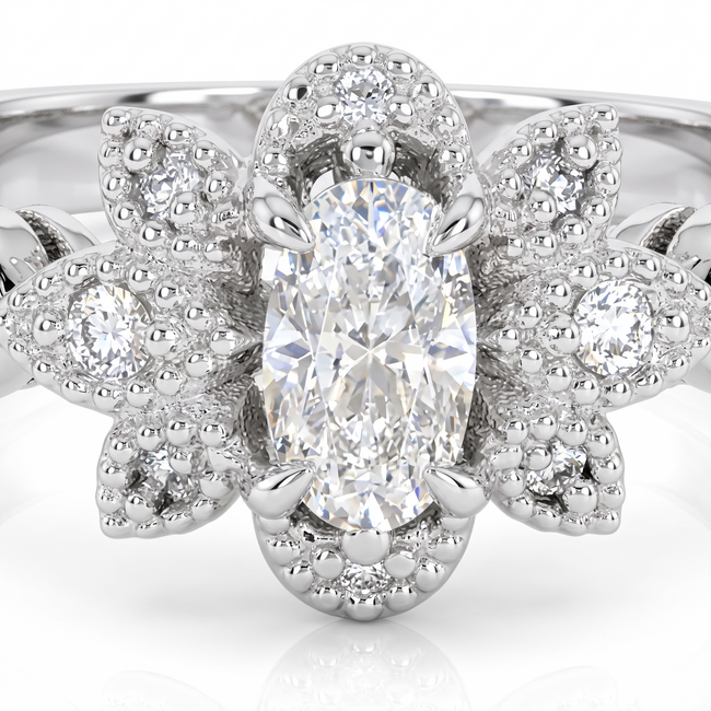 Witgouden Ring met Ovale Diamant van 0.38 Karaat en Pavé Diamanten