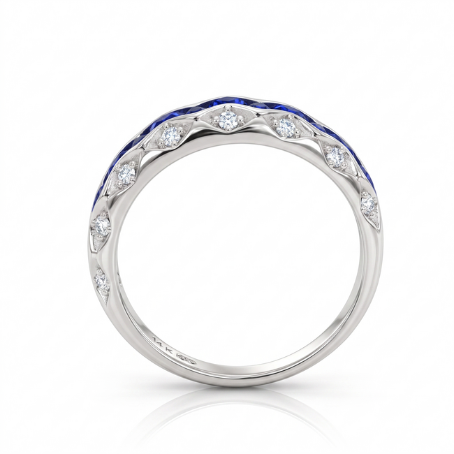 14 Karaat Witgouden Ring met Blauwe Saffieren en 0.20 Karaat Diamanten