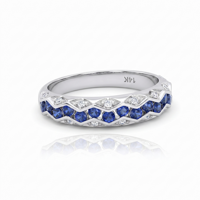 14 Karaat Witgouden Ring met Blauwe Saffieren en 0.20 Karaat Diamanten
