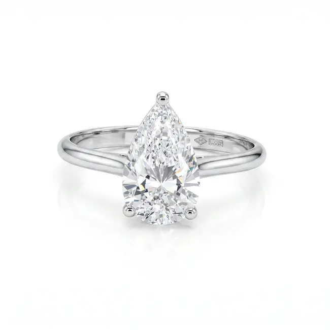 Witgouden solitaire ring 14 karaat, peer geslepen lab grown diamant 2.00 ct, E VS1
