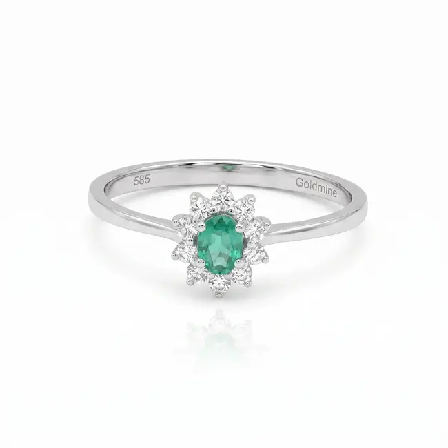 Elegante witgouden ring met 0.20 ct smaragd en 0.15 ct diamanten