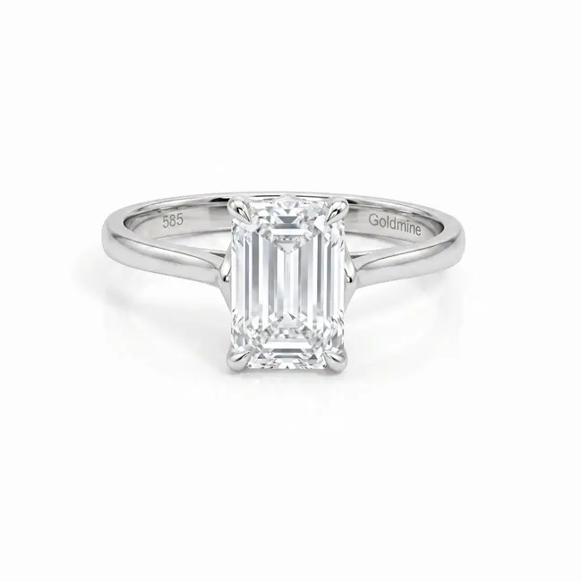 Elegante witgouden solitaire ring met 2.02 ct emerald cut lab diamant
