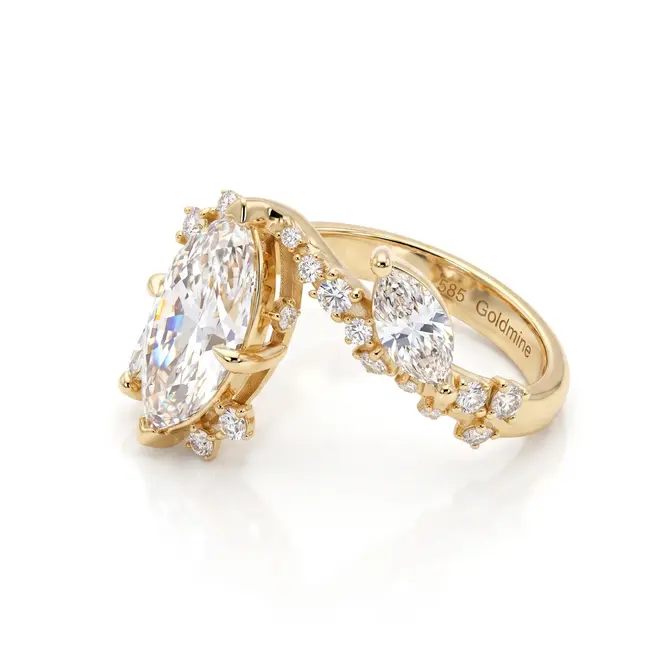 Gouden open ring 14 karaat met marquise diamant 2.02 ct E VVS2, totaal 2.91 ct