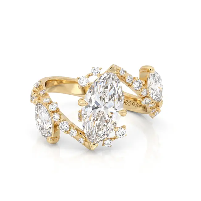 Gouden open ring 14 karaat met marquise diamant 2.02 ct E VVS2, totaal 2.91 ct