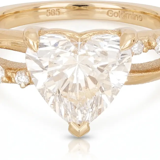 Gouden ring 14 karaat met hart geslepen diamant 1.05 ct E VS1, totaal 1.09 ct