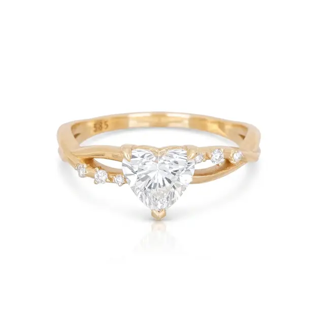 Gouden ring 14 karaat met hart geslepen diamant 1.05 ct E VS1, totaal 1.09 ct