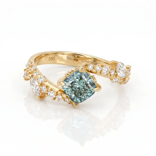 Gouden ring 14 karaat met blauwe cushion diamant 1.03 ct, totaal 1.46 ct