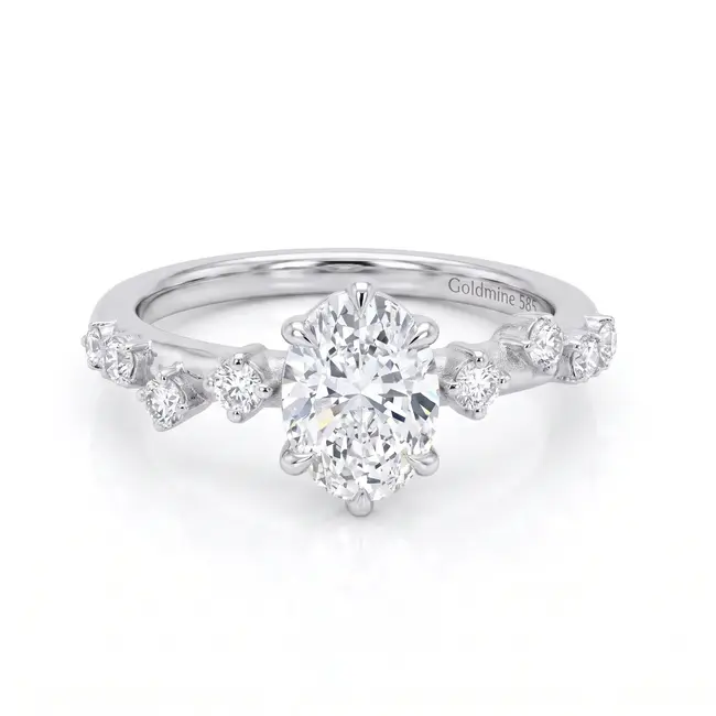 Witgouden ring 14 karaat, ovale diamant 1.5 ct E VS1 met pavé, totaal 1.77 ct