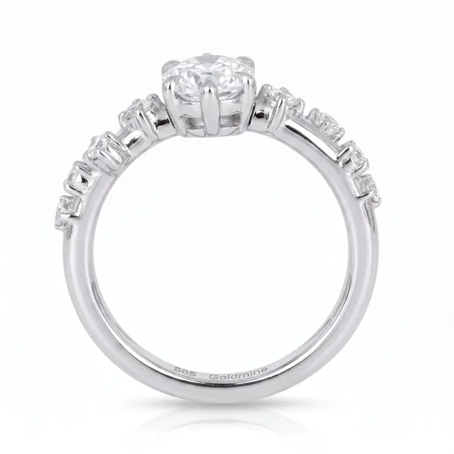 Witgouden ring 14 karaat, ovale diamant 1.5 ct E VS1 met pavé, totaal 1.77 ct