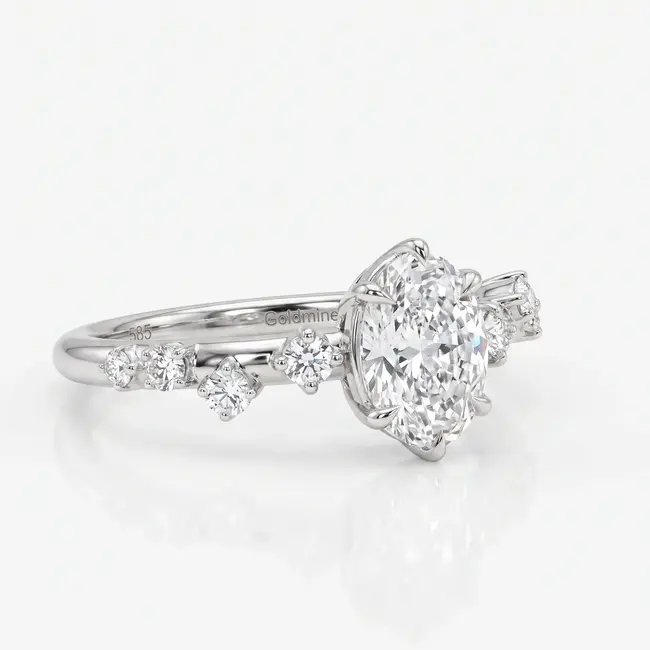 Witgouden ring 14 karaat, ovale diamant 1.5 ct E VS1 met pavé, totaal 1.77 ct
