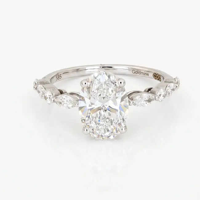 Witgouden verlovingsring 14 karaat, ovale diamant 2.50 ct E VS1, totaal 2.90 ct