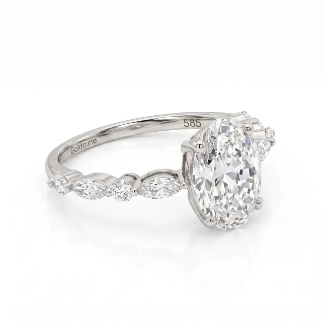 Witgouden verlovingsring 14 karaat, ovale diamant 2.50 ct E VS1, totaal 2.90 ct