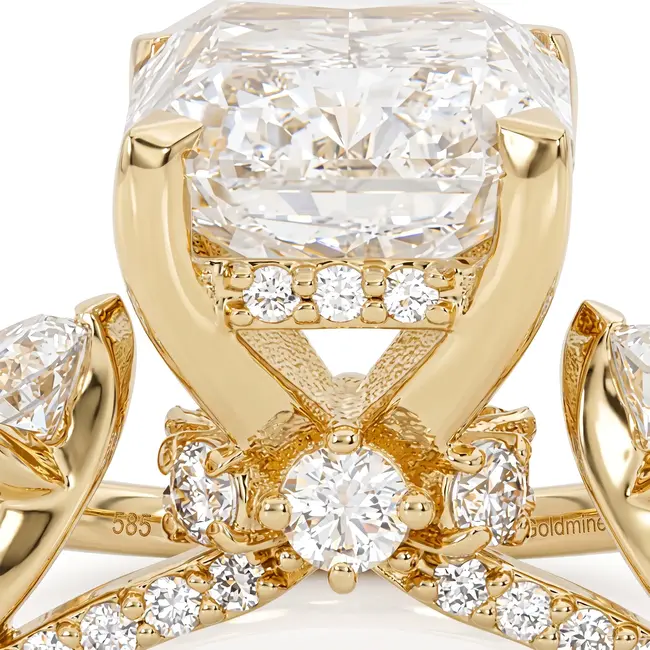 Gouden ring 14 karaat met radiant geslepen diamant 3.01 ct E VS1, totaal 3.81 ct