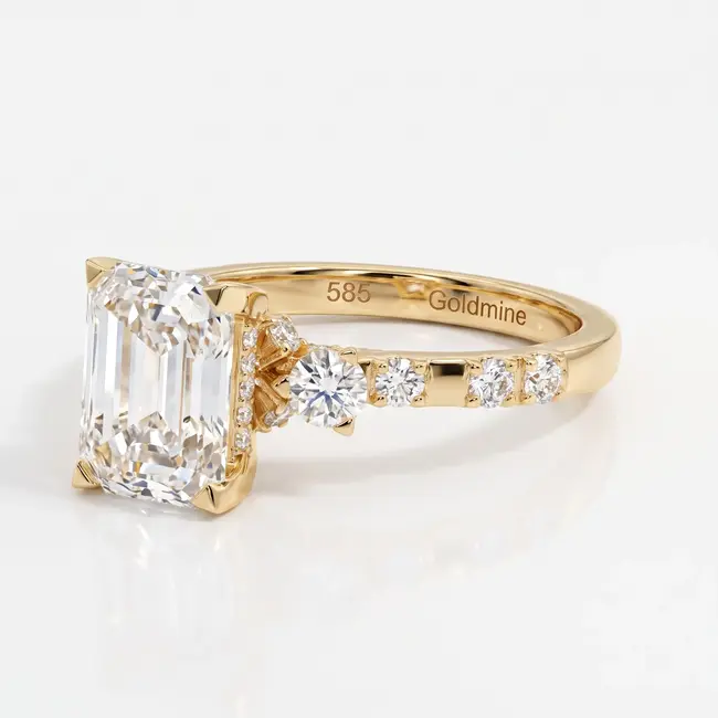 Gouden ring 14 karaat met radiant geslepen diamant 3.01 ct E VS1, totaal 3.81 ct