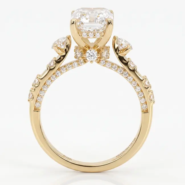 Gouden ring 14 karaat met radiant geslepen diamant 3.01 ct E VS1, totaal 3.81 ct
