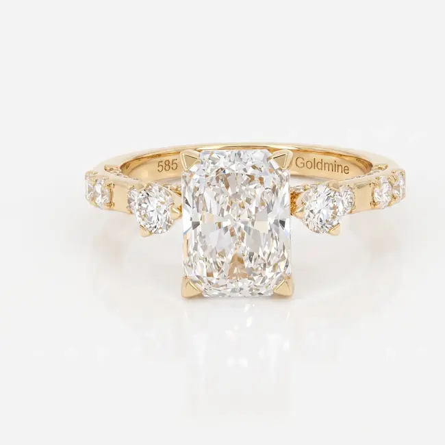 Gouden ring 14 karaat met radiant geslepen diamant 3.01 ct E VS1, totaal 3.81 ct