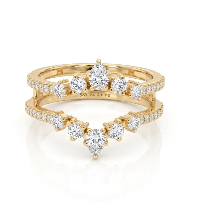Gouden dubbele band ring 14 karaat met peer geslepen labdiamanten, 0,86 ct