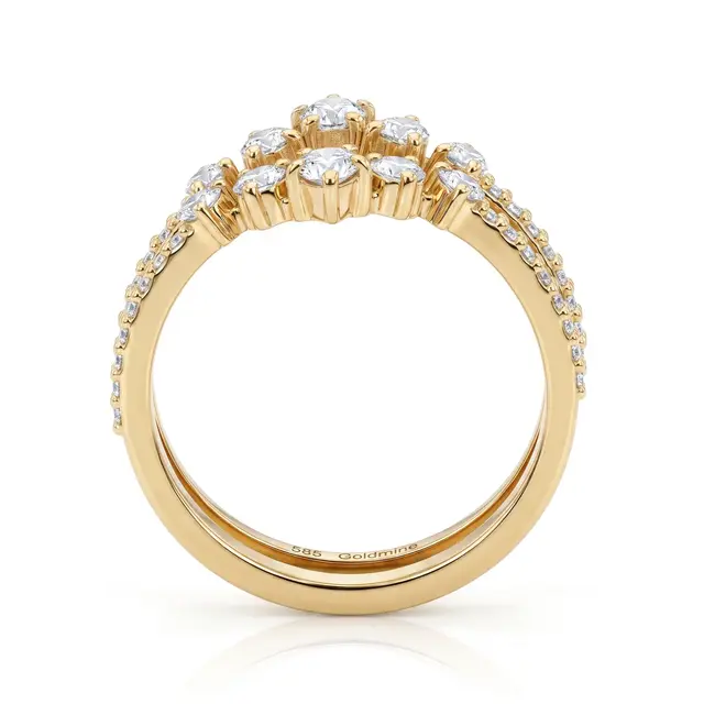 Gouden dubbele band ring 14 karaat met peer geslepen labdiamanten, 0,86 ct