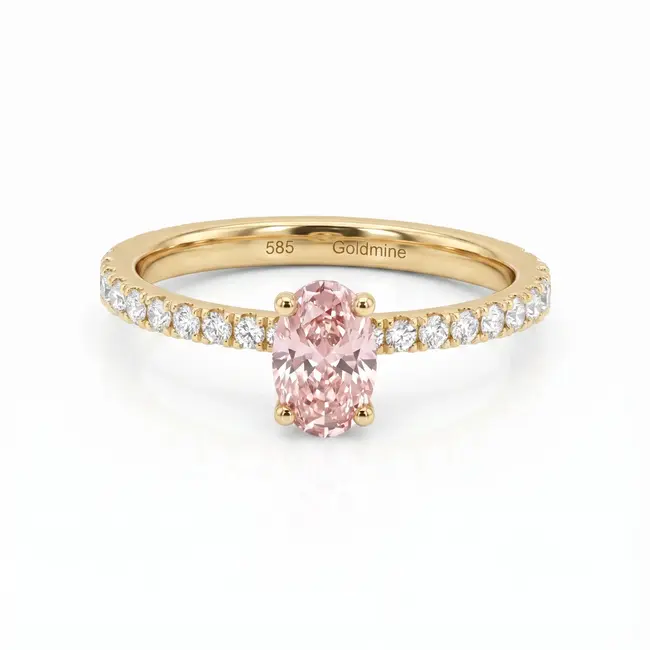 Geelgouden ring 14 karaat met ovale natuurlijke diamant 0,63 ct, totaal 0,84 ct
