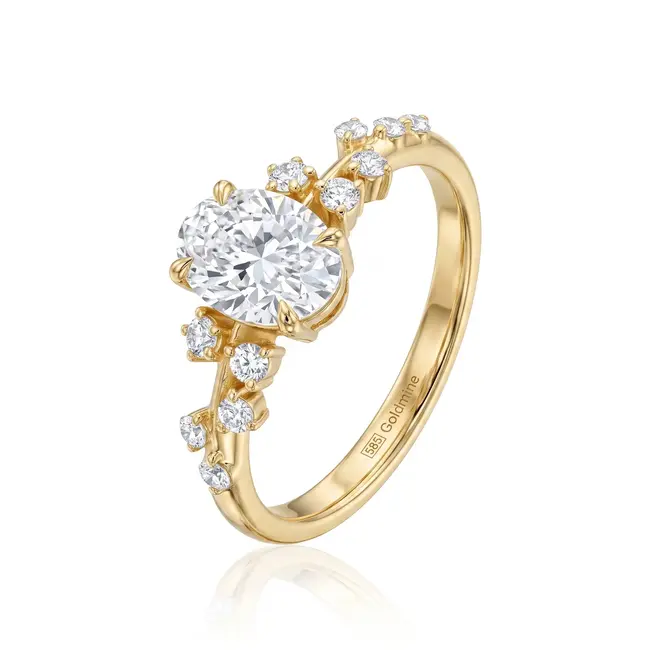Verlovingsring 14 karaat geelgoud met ovale labdiamant, 1,12 ct totaal