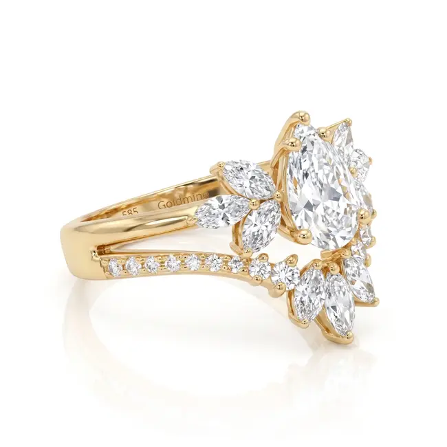 Gouden ring 14 karaat, ovale lab grown diamant 1.02 ct met marquise krans, D VS1