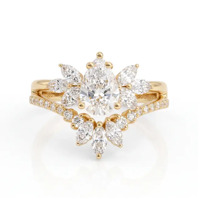 Gouden ring 14 karaat, ovale lab grown diamant 1.02 ct met marquise krans, D VS1