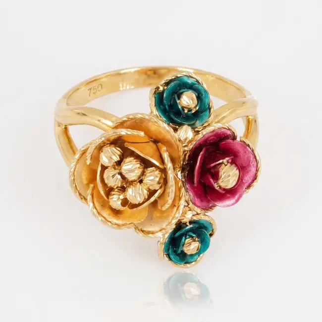 18k gouden bloemenring met emaille rozen