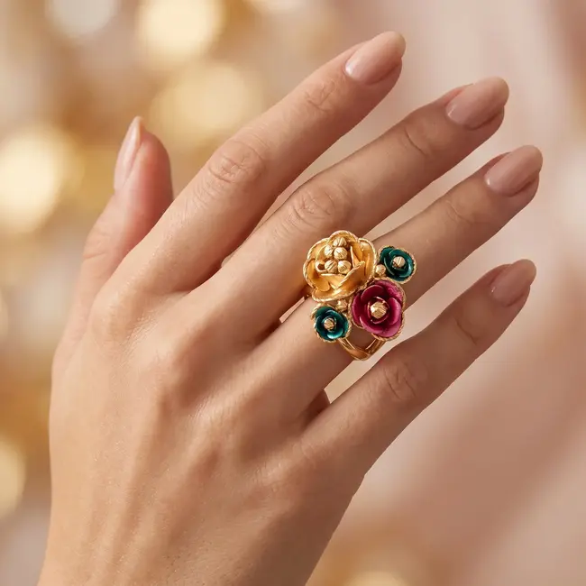 18k gouden bloemenring met emaille rozen