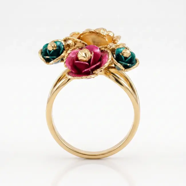 18k gouden bloemenring met emaille rozen