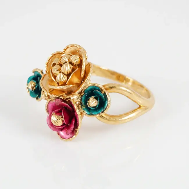 18k gouden bloemenring met emaille rozen