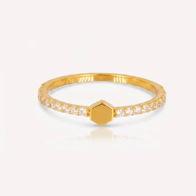 22 Karaat Gouden Hexagon Ring met Zirkonia