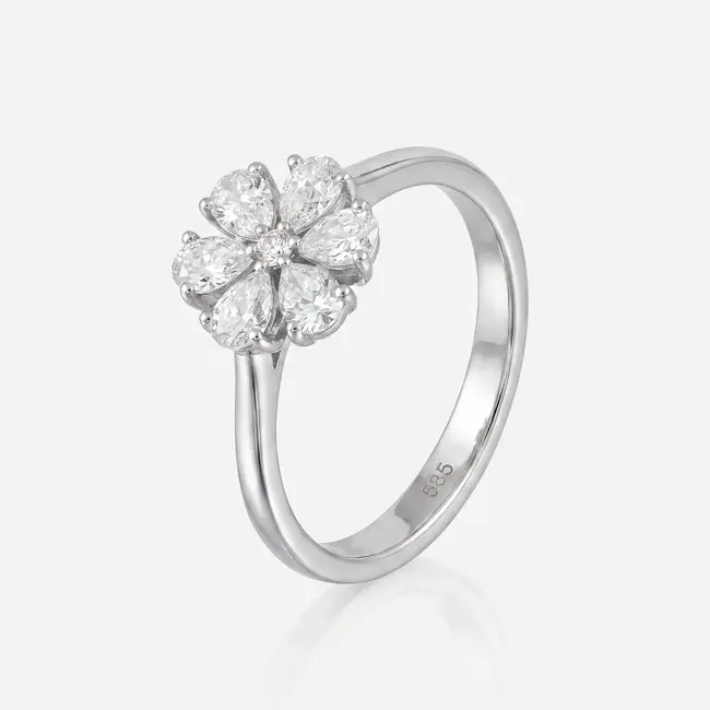 14k witgouden bloemring met diamanten